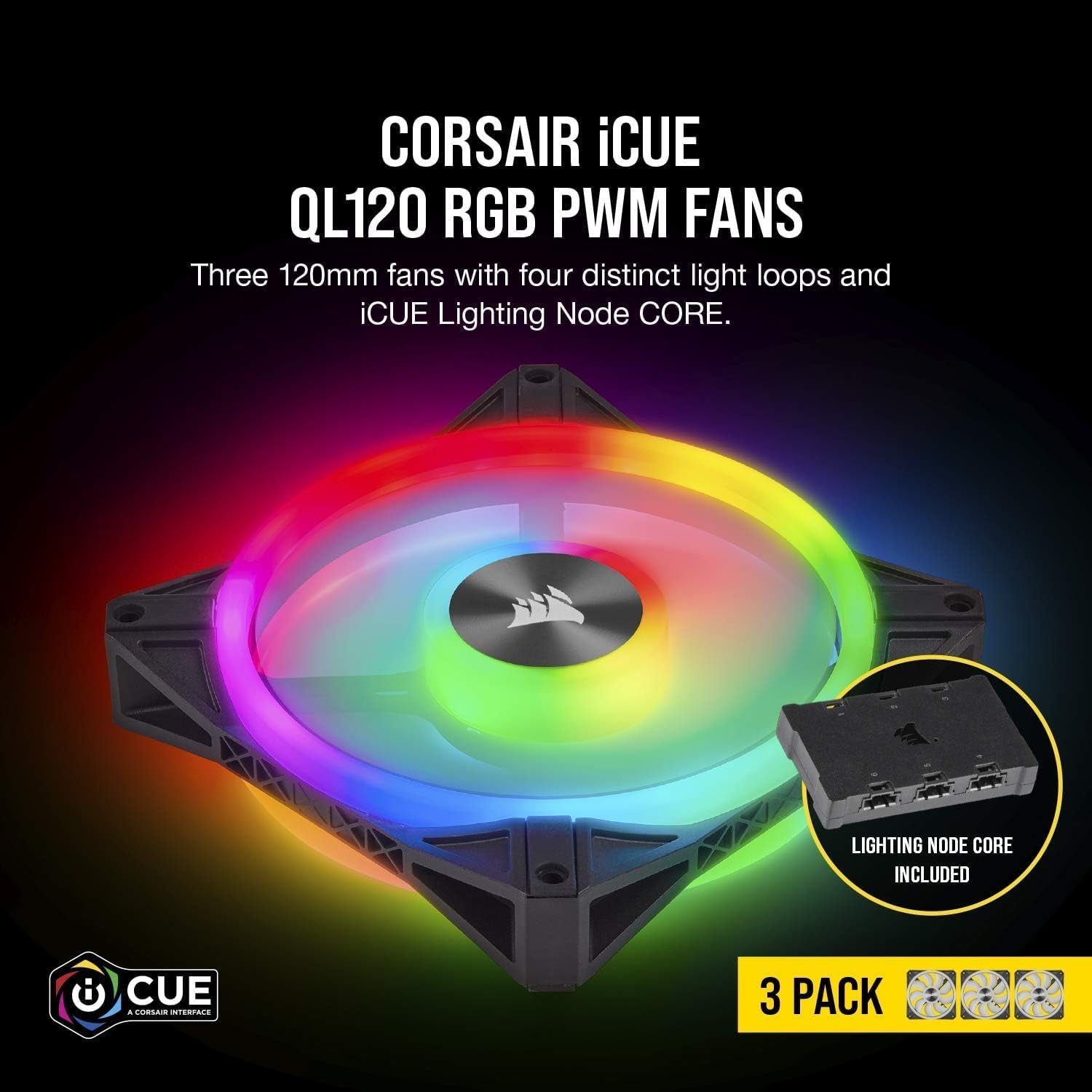 QL Series, Ql120 RGB, 120Mm RGB LED Fan, Triple Pack with Lighting Node Core, Black, Compatible with Desktop