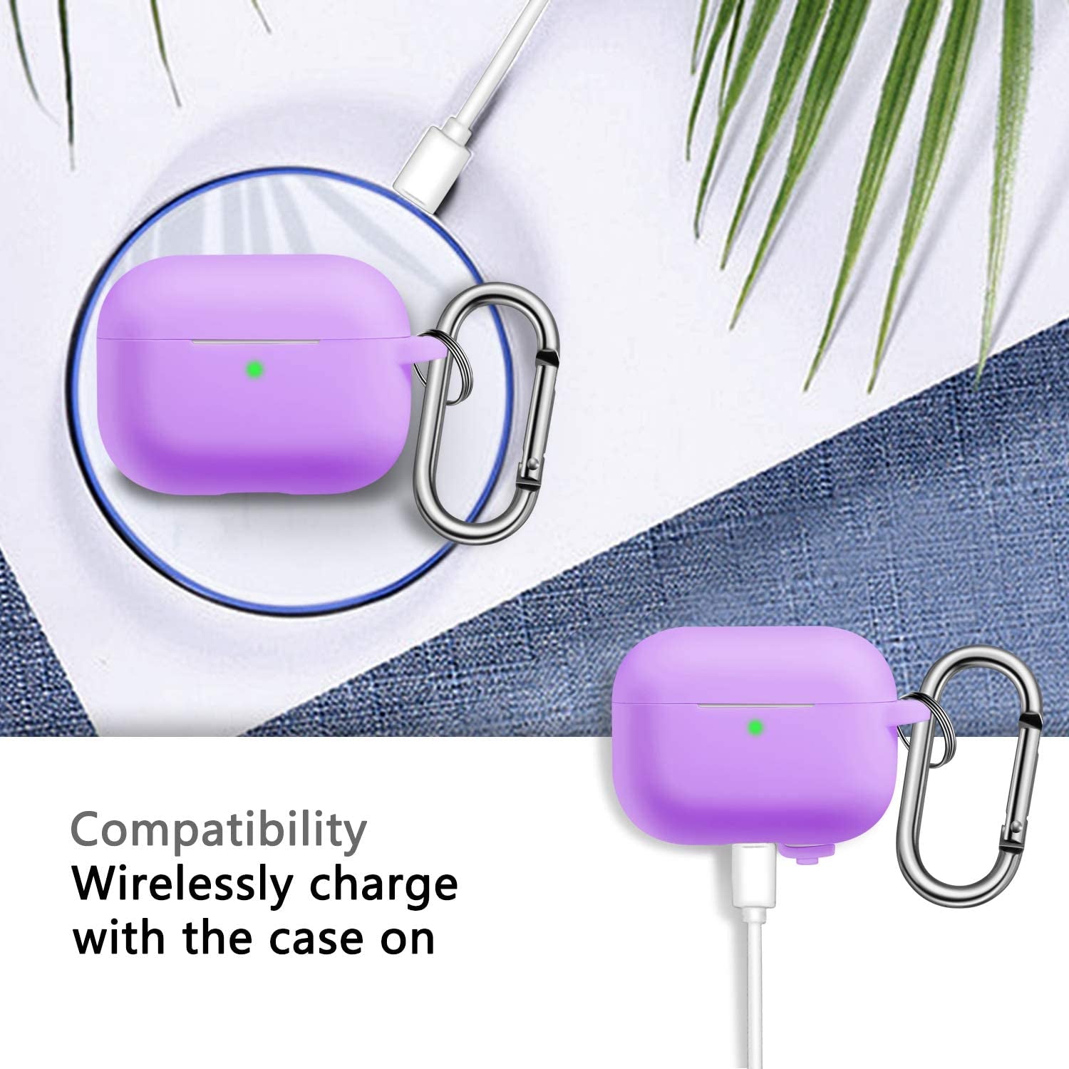 Airpods Pro Case Cover with Keychain, Full Protective Silicone Skin Accessories for Women Girl with Apple 2019 Latest Airpods Pro Case, Front LED Visible-Lavender